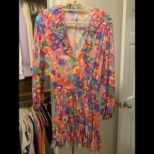 Luli Fama-Water Blossoms Ruffled Deep V Frill Hem Dress